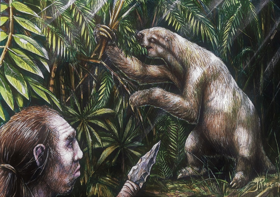 Paleokunst schilderij met de neanderthaler en de grond luiaard getekend door paleokunstenaar Jaap Roos