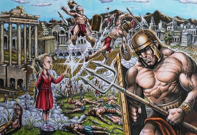 Striptekening van gladiatoren in de arena. Design van cartoonist Jaap Roos