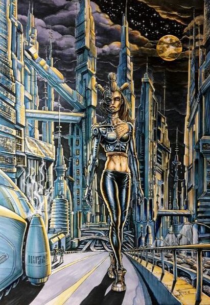 Cartoon tekening van cyborg sexy vrouw van een sci-fi stadsbeeld. Dit stadsbeeld is ontworpen door Jaap Roos.
