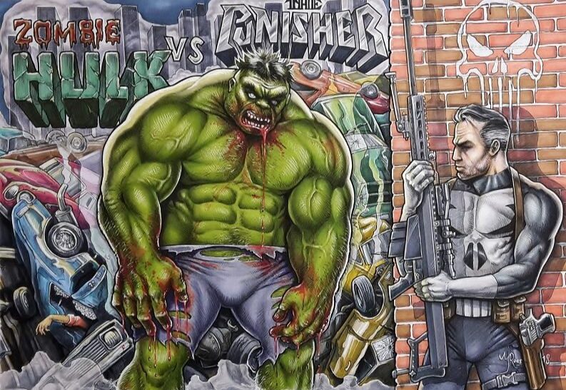 Striptekening hulk vs punisher, marvels comics art