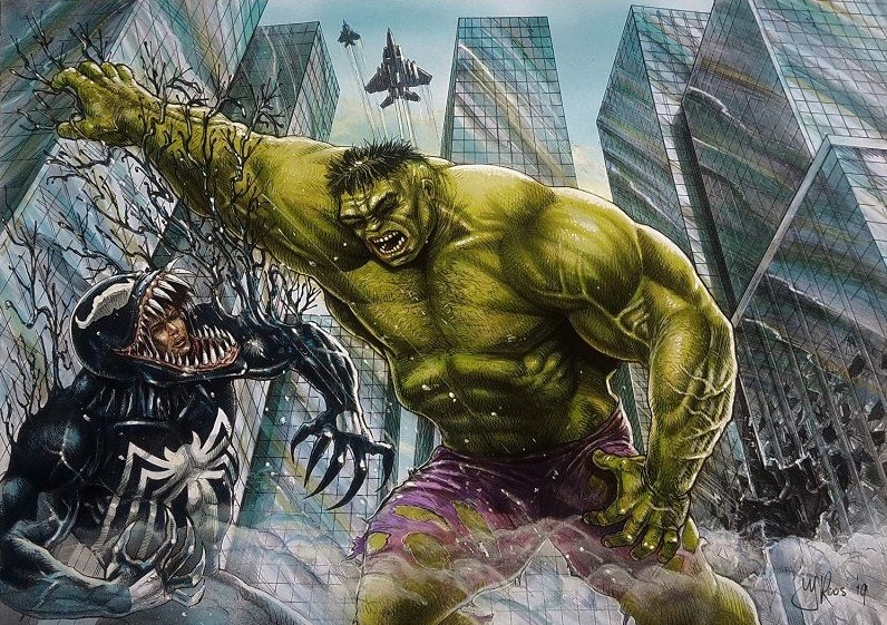 Cartoon tekening hulk vs venom getekend door cartoonist Jaap Roos. Marvels comics