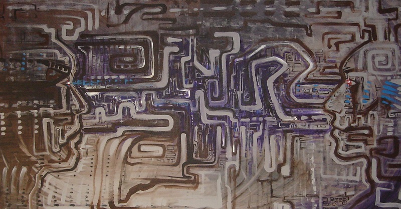 Schilderij futuristisch eigen ontwerp gezichten en computer geweven printplaat zijn abstract.
