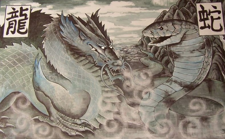 Schilderij chinese draak en slang