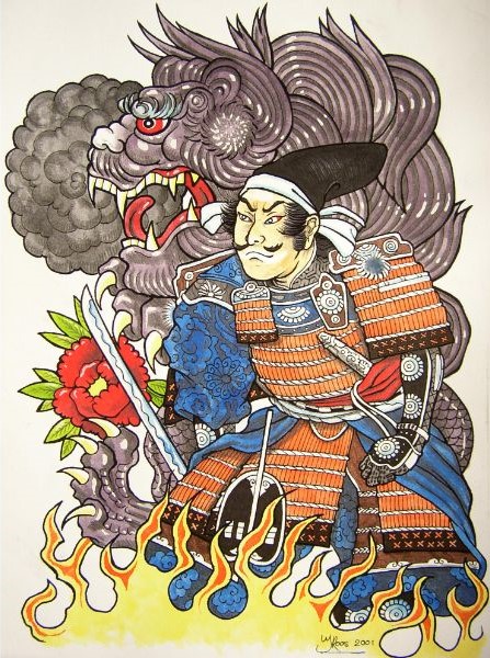 Tekening japanese style, met japanse draak en japanse krijger
