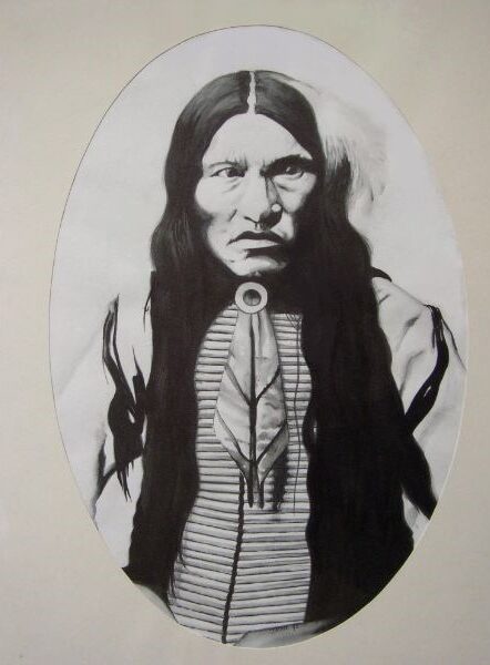 Schilderij van een indiaan. Kicking bear geschilderd met ecoline in het zwart-wit