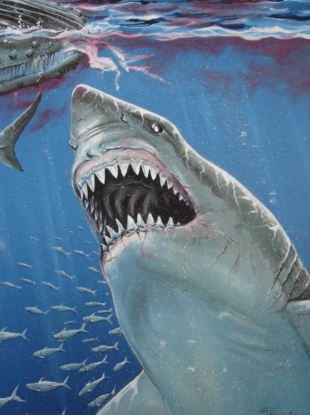 Schilderij van de prehistorische haai de megalodon