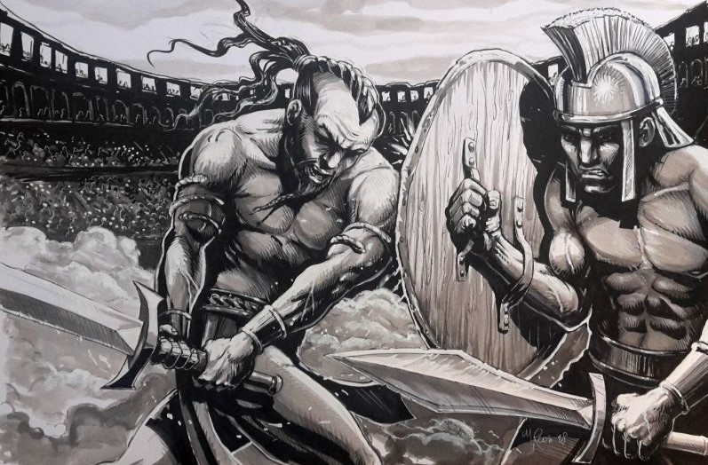 Potlood tekening van romeinen in gevecht in een arena. Illustratie gemaakt door Jaap Roos