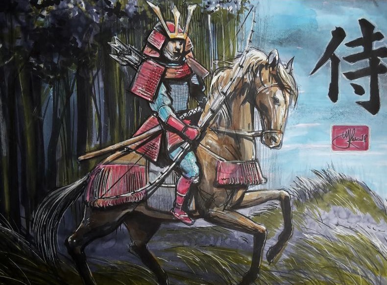 Tekening japanse strijder te paard met wapen. Te gebruiken als illustratie in een tijdschrift, boek of gewoon als kunst aan de muur.