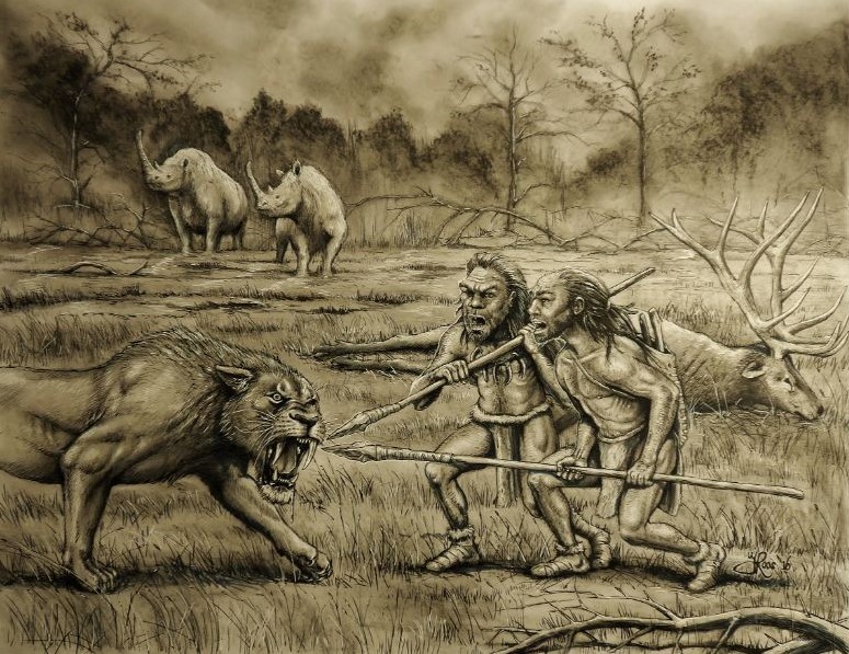 Kunst schilderij met primaten, de neanderthalers jagend op de sabeltandtijger. Landschap scène gemaakt van het pleistocene tijdperk.