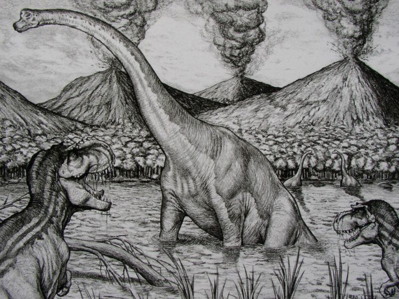 Ontwerp tbv een film scene met de Argentinosaurus T-rex met ander dinos en hun leefomstandigheden in de oertijd, scene design