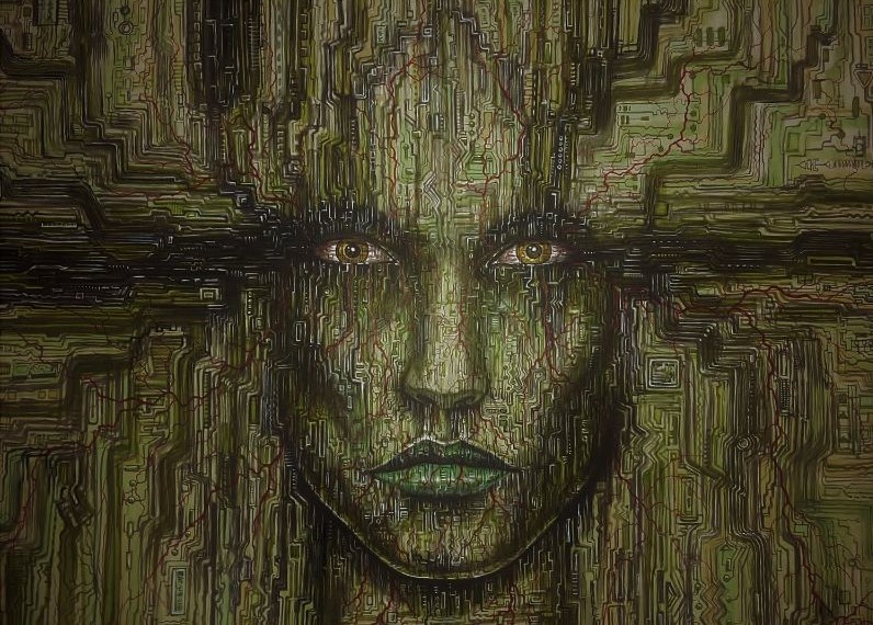 Surrealistisch sci-fi schilderij. Zeer origineel en uniek ontwerp van een cyborg vrouwen gezocht bestaande uit computer printplaat patronen
