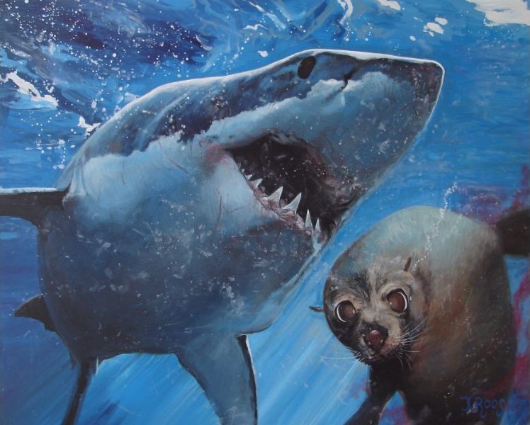 Dierenschilderij zeer realistisch gemaakt door natuurschilder Jaap Roos. De grote witte haai volgt zijn prooi de zeehond