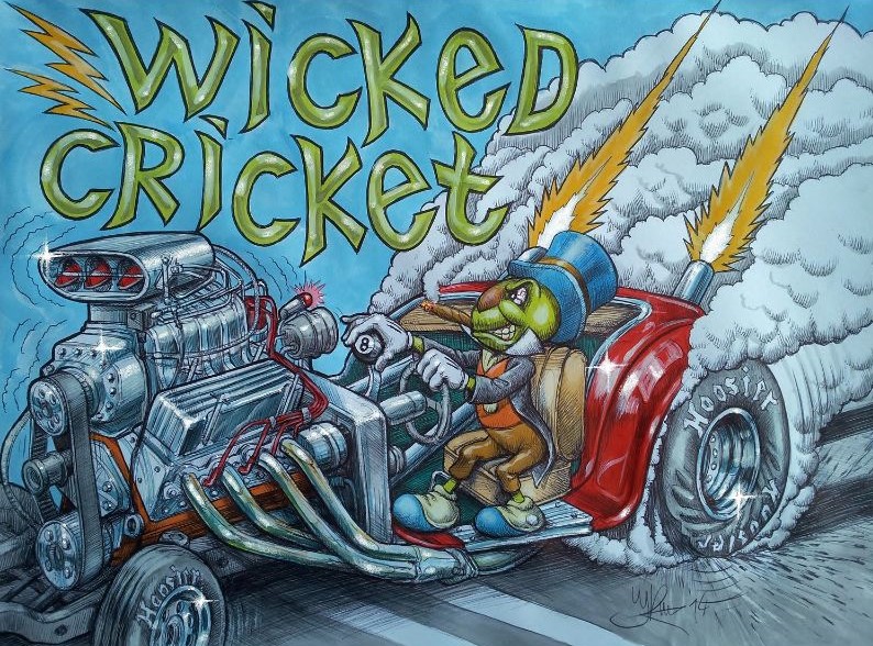 Muscle car schildering van cricket wicked. Getekend door illustrator Jaap Roos artr