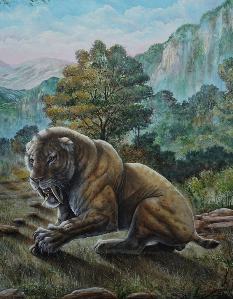 Painting Smilodon prehistoric animals 180x100 linen, pleistocene